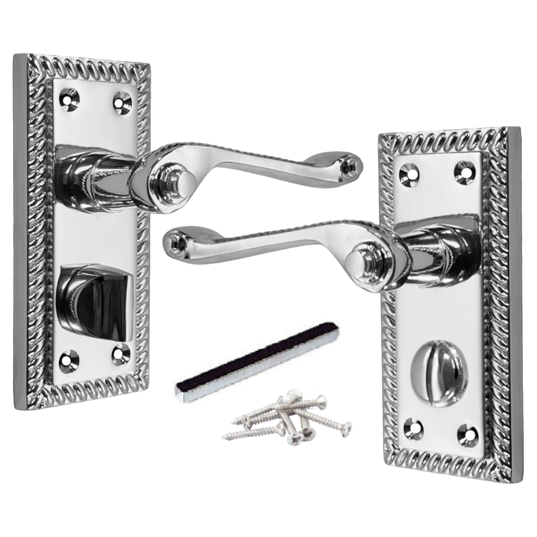 Georgian Door Handles Privacy WC Bathroom Chrome 108mm x 48mm Scroll Lever