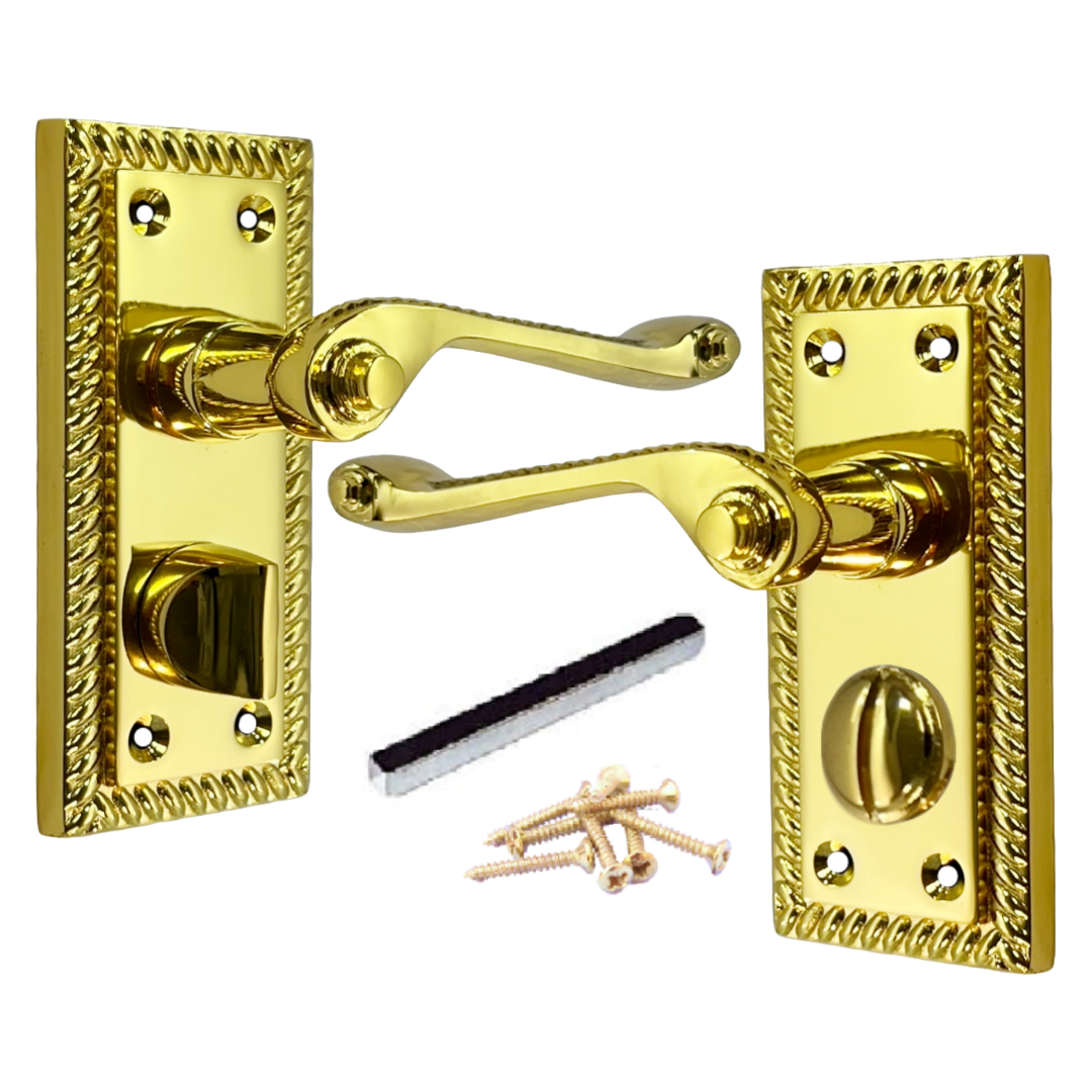 Georgian Door Handles Privacy WC Bathroom Brass 108mm x 48mm Scroll Lever