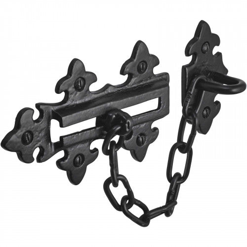 Door Chain Black Cast Iron Antique Fleur de Lys 135 x 85mm Vic Cottage Fixings