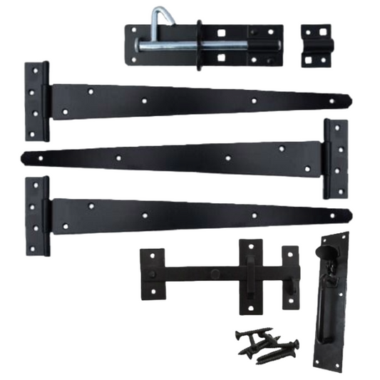 Garden Side Gate Fixing Kit 3x T Hinges Suffolk Latch Brenton Bolt Set BLACK