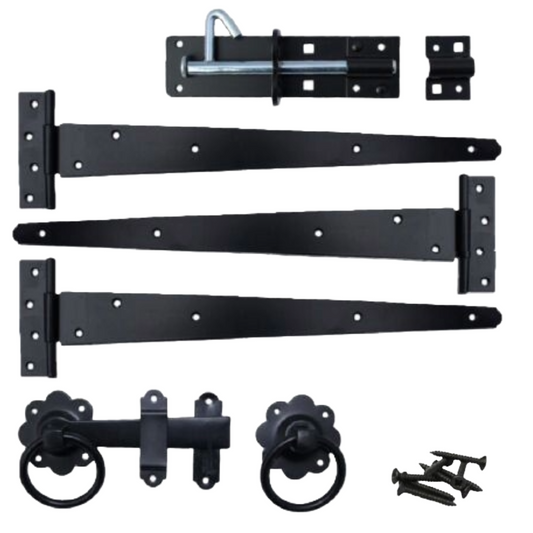 Garden Side Gate Fixing Kit 3x T Hinges Ring Latch Brenton Bolt Set BLACK