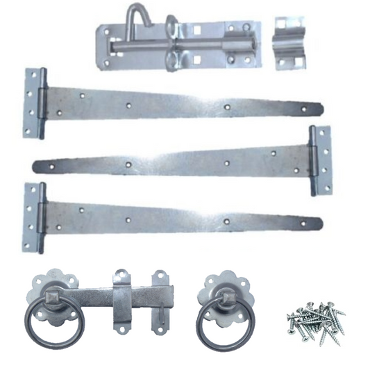 Garden Side Gate Fixing Kit 3x T Hinges Ring Latch Brenton Bolt Set ZINC