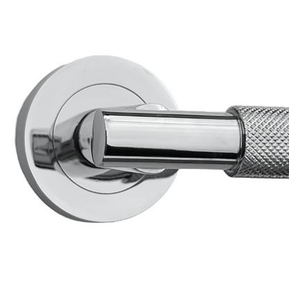 Knurled Turning Door Handles Polished Chrome Lever on Round Rose Latch Handle Luxe