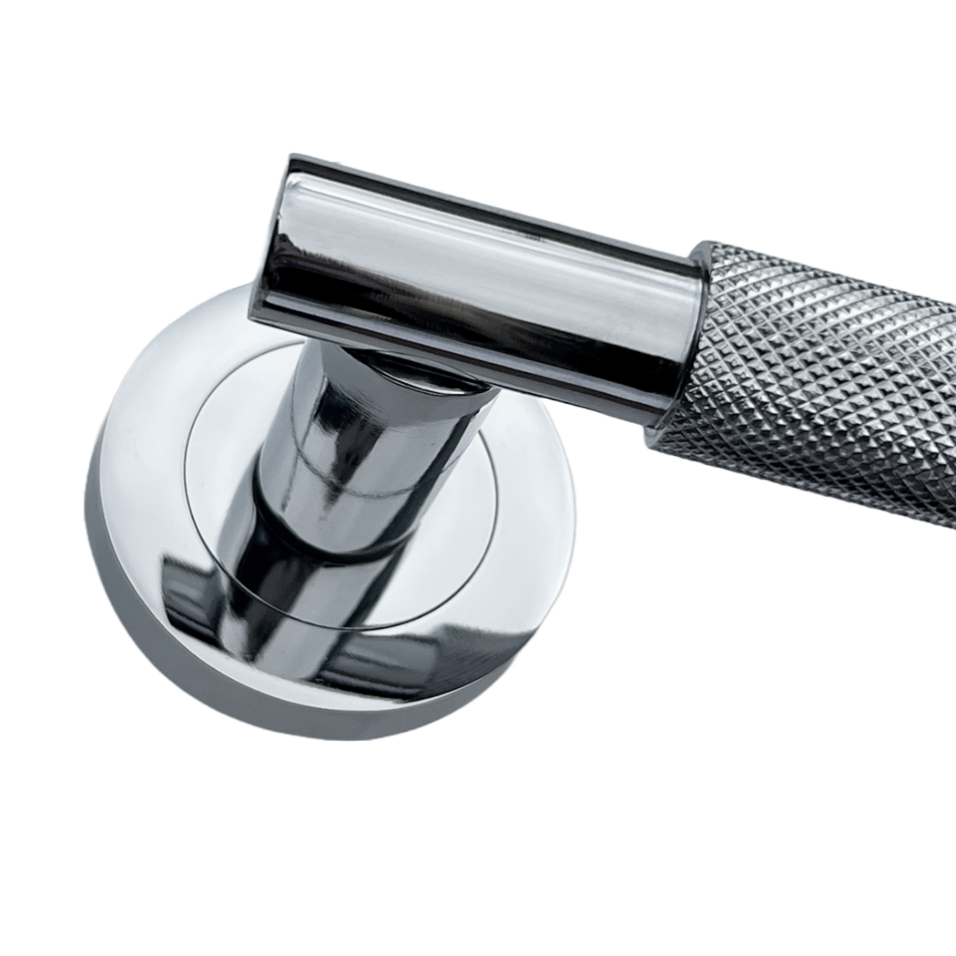 Knurled Turning Door Handles Polished Chrome Lever on Round Rose Latch Handle Luxe