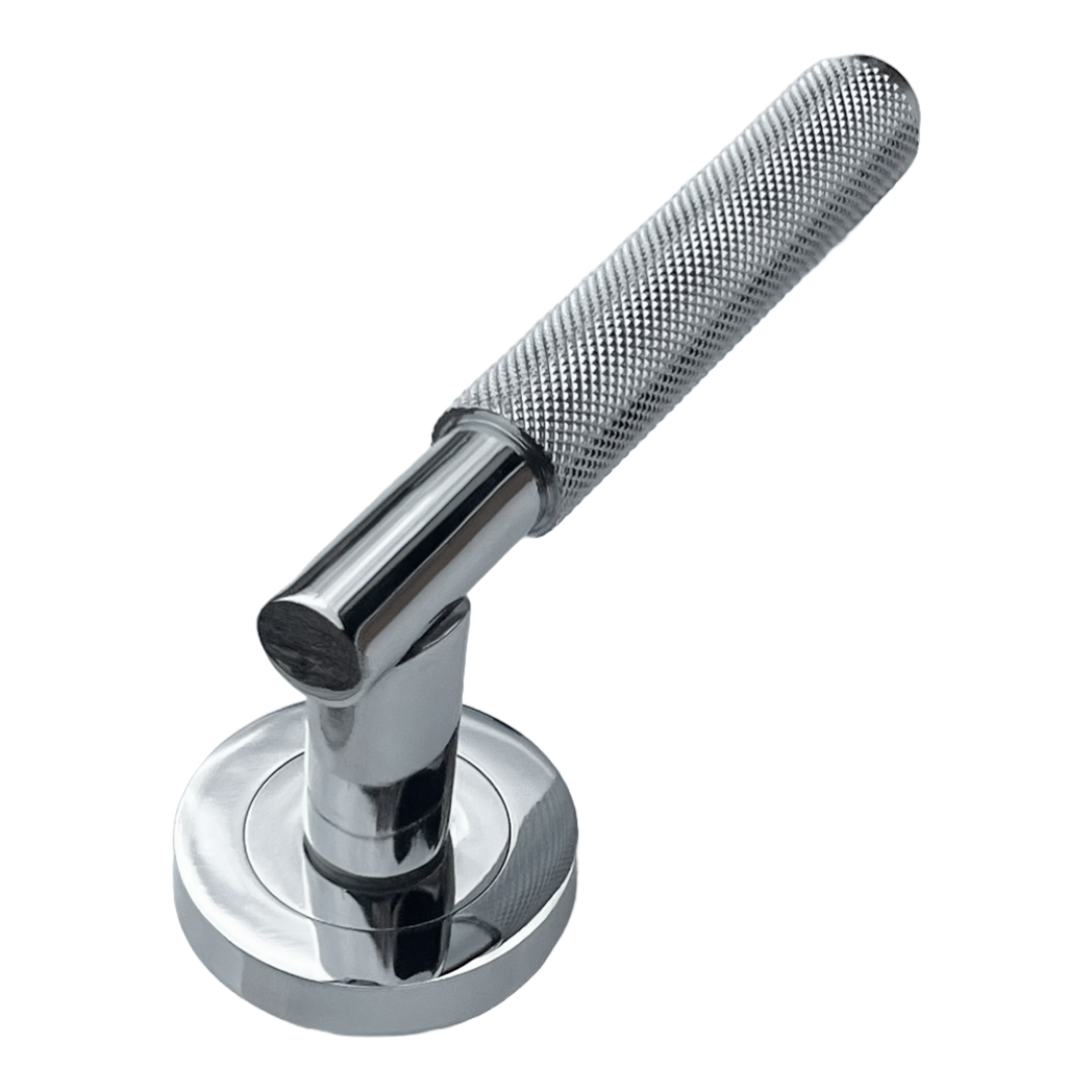 Knurled Turning Door Handles Polished Chrome Lever on Round Rose Latch Handle Luxe