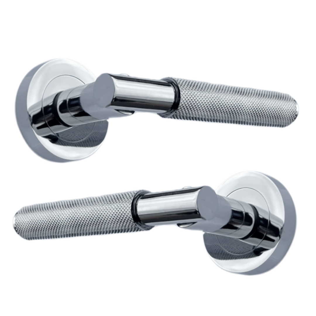 Knurled Turning Door Handles Polished Chrome Lever on Round Rose Latch Handle Luxe