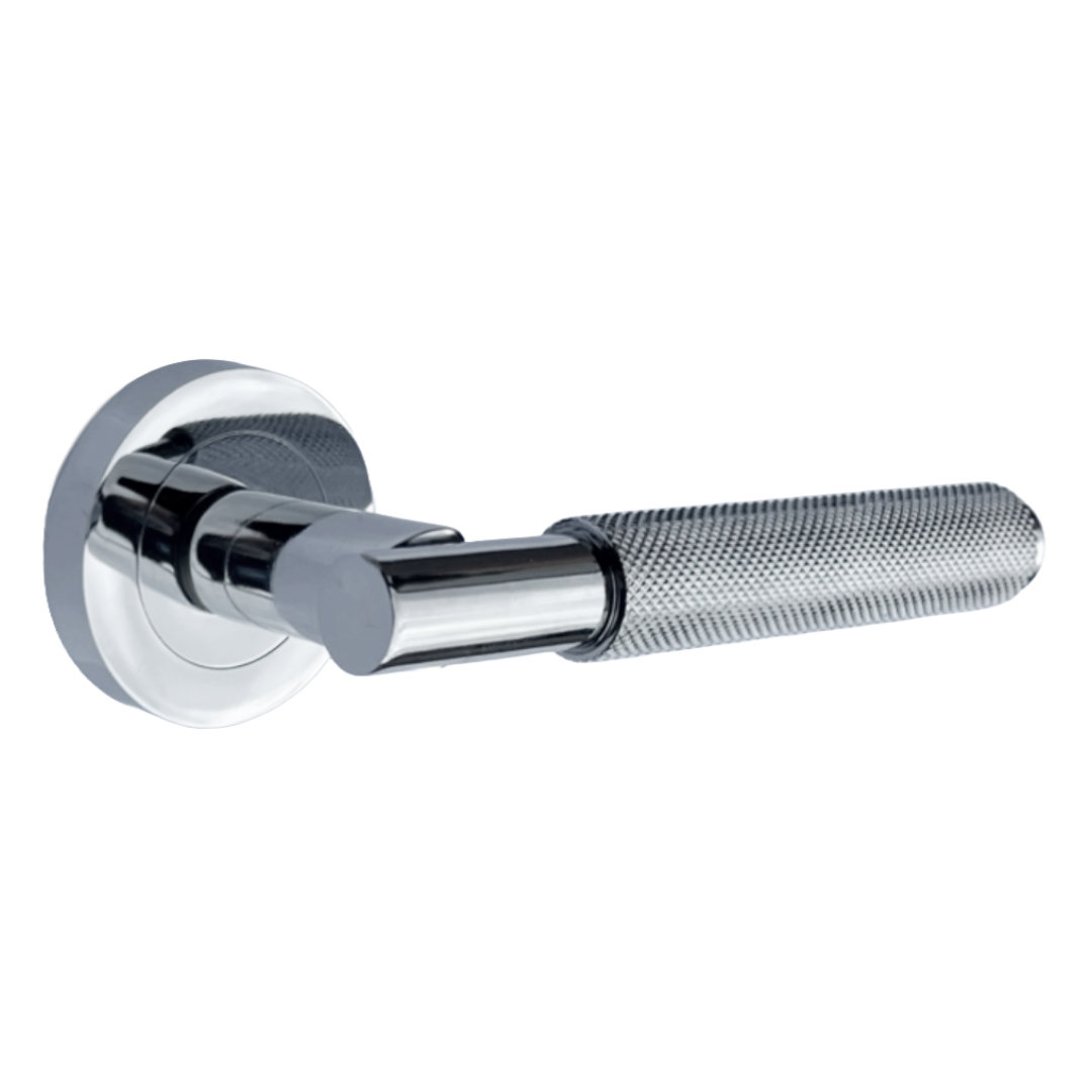 Knurled Turning Door Handles Polished Chrome Lever on Round Rose Latch Handle Luxe