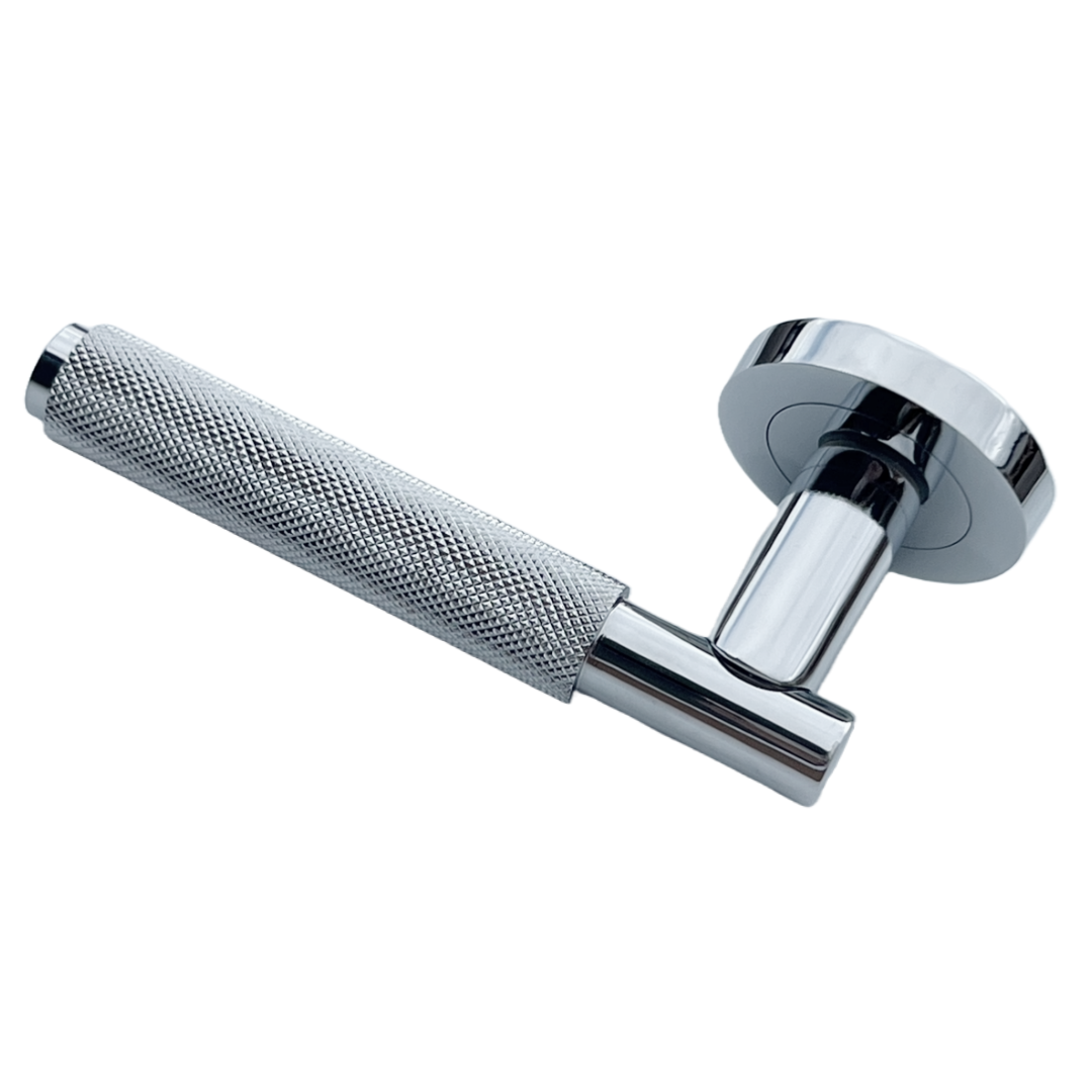 Knurled Turning Door Handles Polished Chrome Lever on Round Rose Latch Handle Luxe