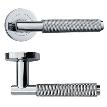 Knurled Turning Door Handles Polished Chrome Lever on Round Rose Latch Handle Luxe