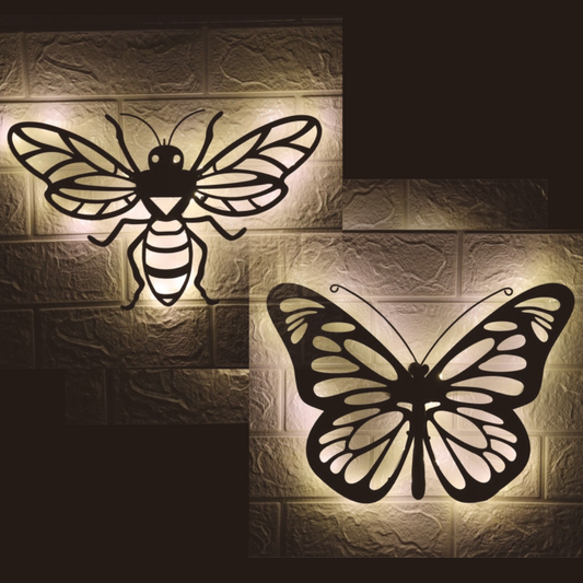 Butterfly and Bee Solar Backlit Wall Art - Outdoor Metal Garden Decor with Lighting