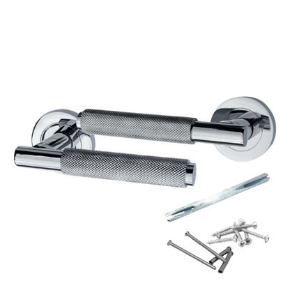 Knurled Turning Door Handles Polished Chrome Lever on Round Rose Latch Handle Luxe