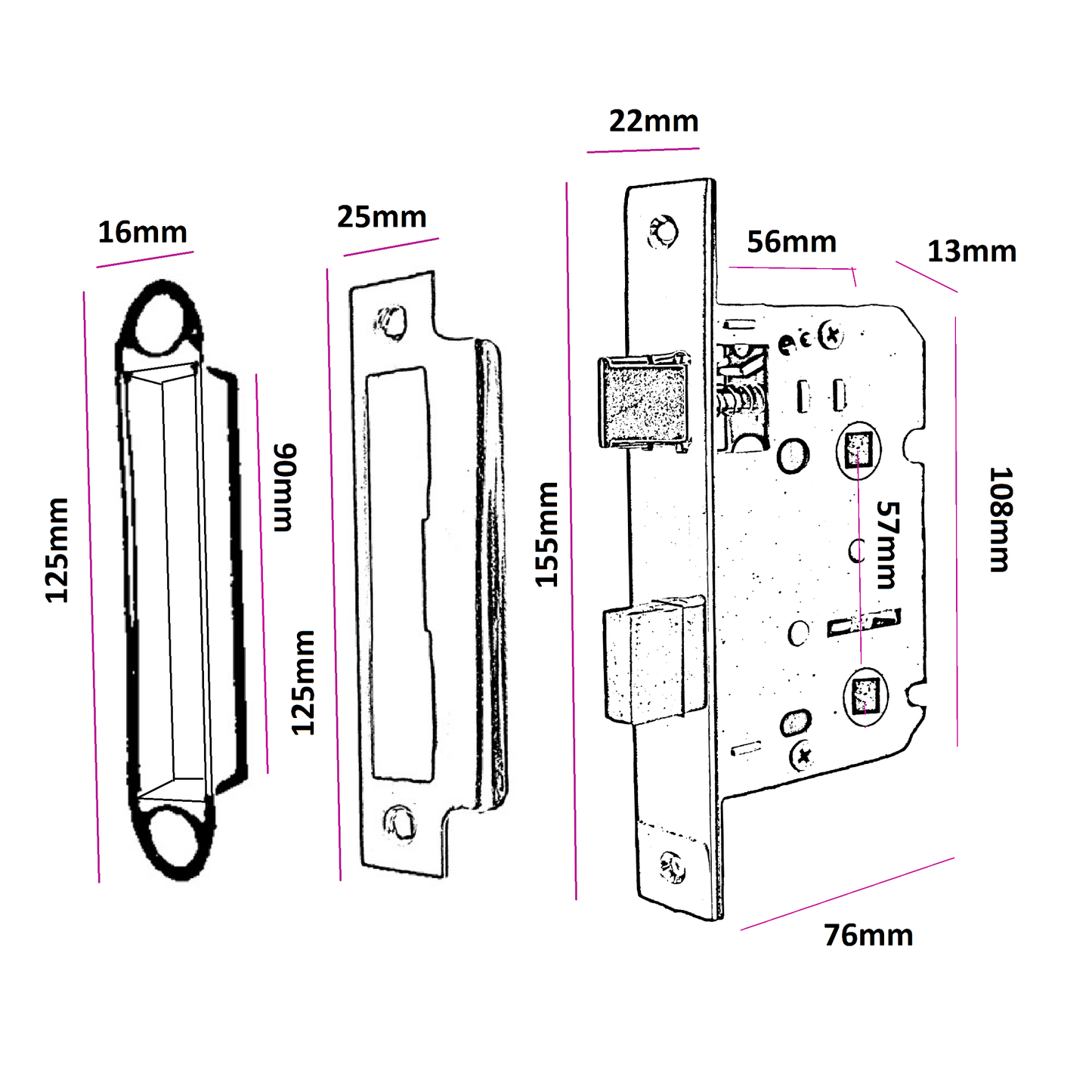 Bathroom Mortice Lock Brass Sashlock 3" 76mm Bolt Through Reversible Bath Door