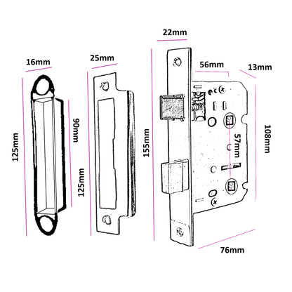 Bathroom Mortice Lock Brass Sashlock 3" 76mm Bolt Through Reversible Bath Door