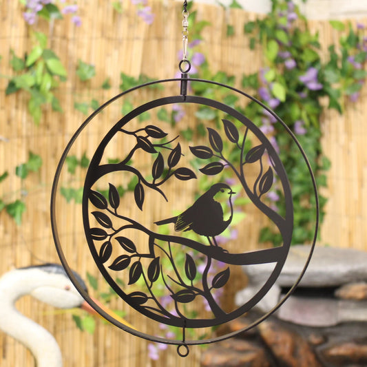 Robin in Tree Silhouette Hanging Orbit Spinner - Black Bronze