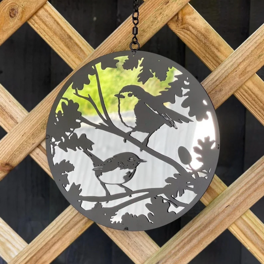 Hanging Robin and Wren Mirror Silhouette Spinner - Black Bird Tree Hanger