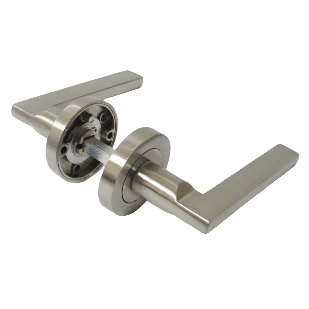 UNO Door Handle Bathroom Sets Modern Satin Nickel Lever on Rose Internal Thumbturn Pack