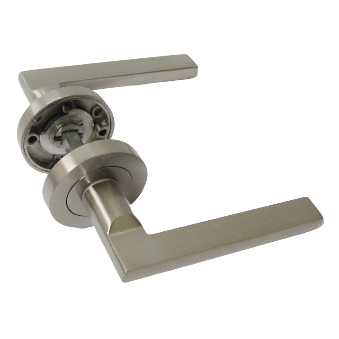 UNO Door Handle Bathroom Sets Modern Satin Nickel Lever on Rose Internal Thumbturn Pack