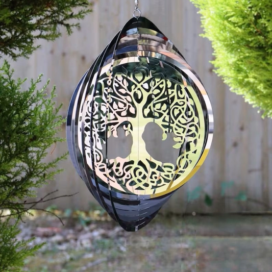 Tree of Life Silhouette Orbit Spinner - Hanging Stainless Steel Mirror