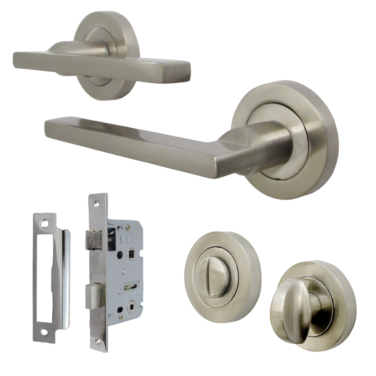 UNO Door Handle Bathroom Sets Modern Satin Nickel Lever on Rose Internal Thumbturn Pack